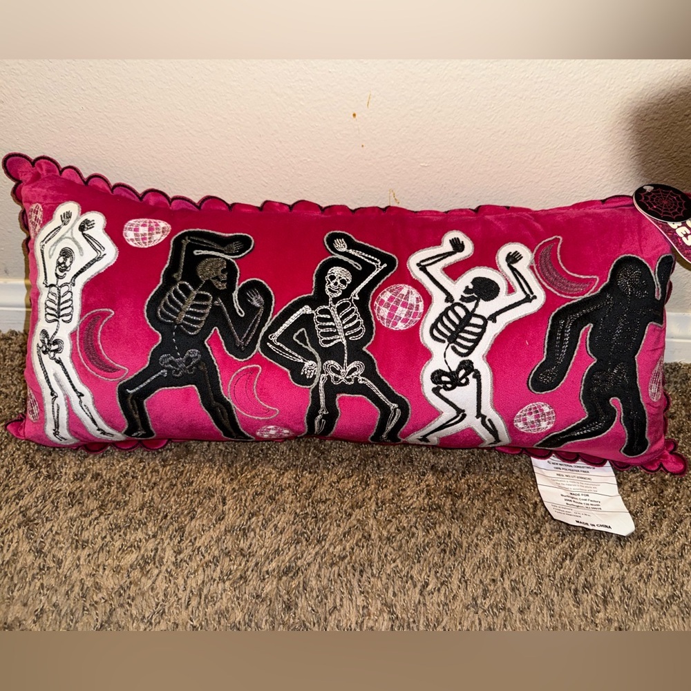 Disco Dancing Skeletons‎ Embroidered Velvet Decorative Scallop Edge Pillow NWT